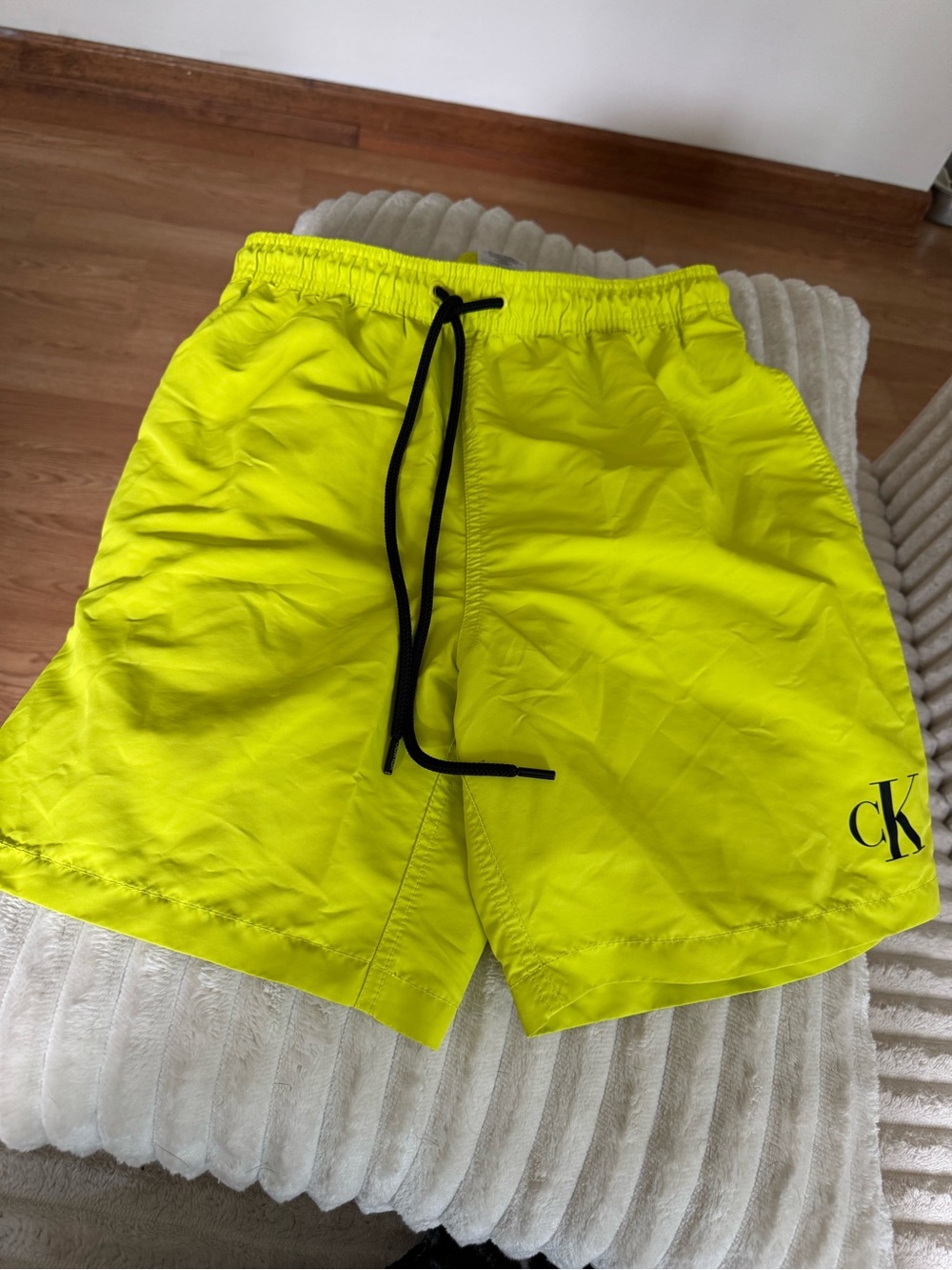 Calvin Klein Men’s Neon Yellow Swim Trunks with Black Drawstring
